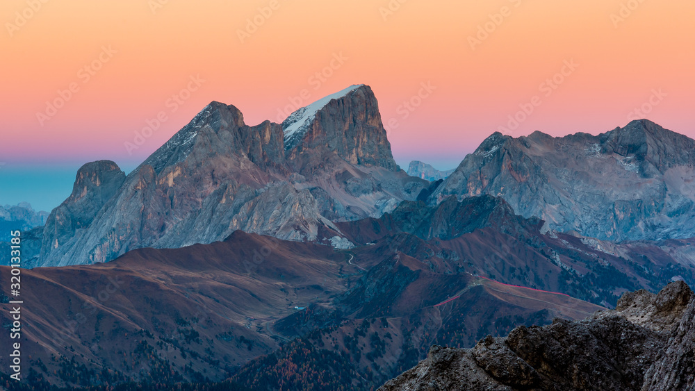 The Marmolada mountain after sunset, view from the Catinaccio massif, Dolomites (IT)