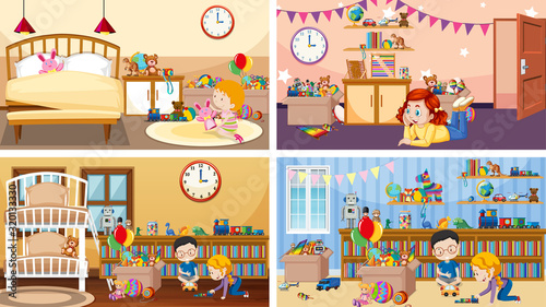 Four scenes with kids playing in different rooms