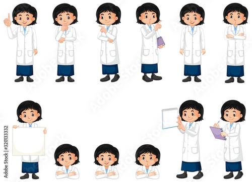 Set of girl in science gown doing different poses on white background