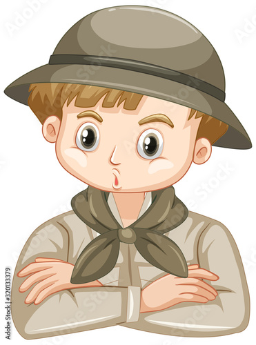 Cute boy in safari outfit on white background