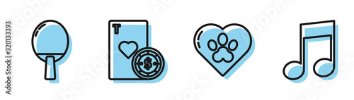 Set line Heart with animals footprint, Racket for playing table tennis, Casino chip and playing cards and Music note, tone icon. Vector