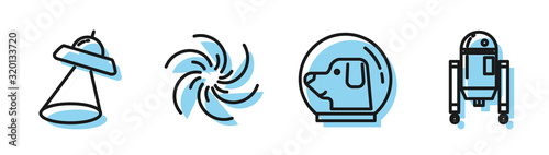 Set line Dog in astronaut helmet, UFO flying spaceship, Black hole and Robot icon. Vector