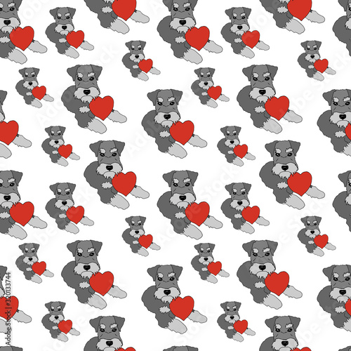 seamless pattern with cute cartoon dogs Schnauzer Portrait. Dog with red heart. Dog breed hand drawn vector illustration for background, wallpaper, fabric and other design.background. 