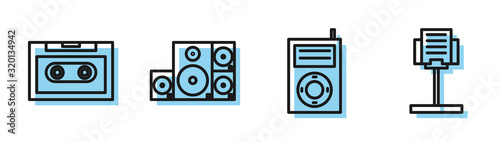 Set line Music MP3 player, Retro audio cassette tape, Stereo speaker and Music stand icon. Vector