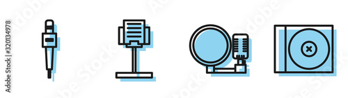 Set line Microphone, Microphone, Music stand and CD or DVD disk icon. Vector