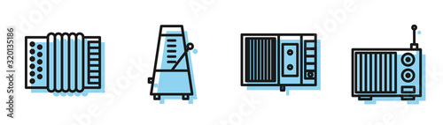Set line Music tape player, Musical instrument accordion, Metronome with pendulum in motion and Radio with antenna icon. Vector