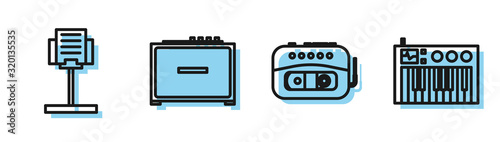 Set line Music tape player, Music stand, Guitar amplifier and Music synthesizer icon. Vector