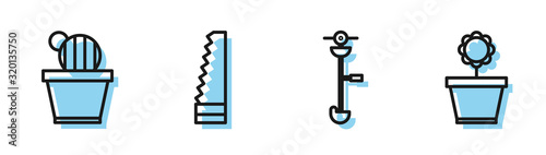 Set line Grass and weed electric string trimmer, Cactus and succulent in pot, Garden saw and Flower in pot icon. Vector
