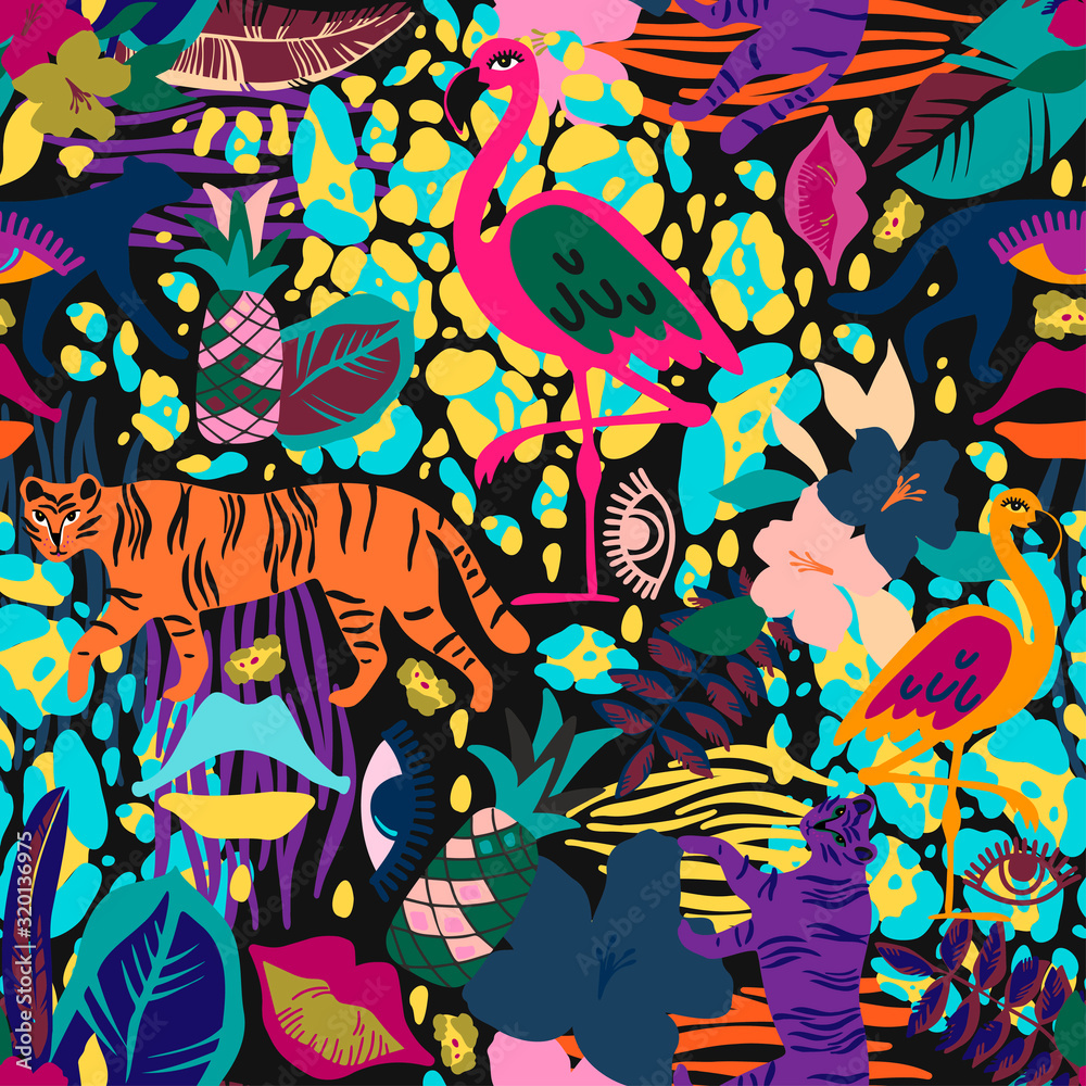 Modern seamless vector tropical colourful pattern with animals and fruits. Can be used for printing on paper, stickers, badges, bijouterie, cards, textiles. 