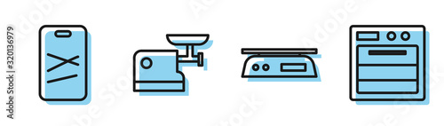 Set line Electronic scales, Cutting board, Kitchen meat grinder and Oven icon. Vector