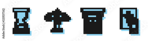 Set line Law pillar, Old hourglass, Scales of justice and Oath on the Holy Bible icon. Vector