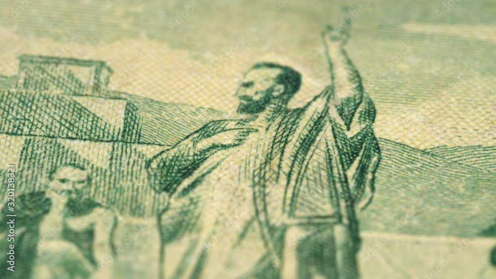 Apostle Paul in Athens on vintage Greece 500 drachma (1955) banknote rotating. Areopagus sermon of Saint Paul. Low angle, macro. 4K, 422 10 bit