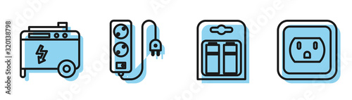 Set line Battery in pack, Portable power electric generator, Electric extension cord and Electrical outlet in the USA icon. Vector