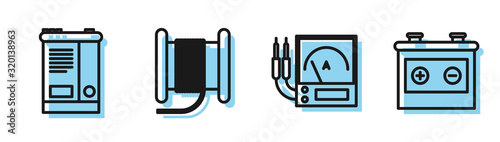 Set line Ampere meter, multimeter, voltmeter, Car battery, Wire electric cable on a reel or drum and Car battery icon. Vector