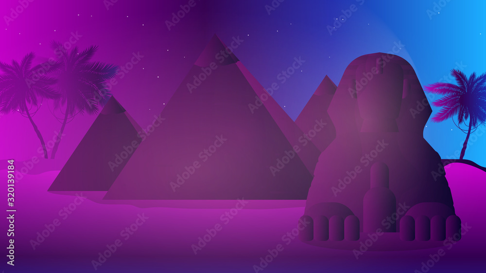 Futuristic neon Egypt. Cheops pyramids, Egyptian sphinx, desert. Vector illustration. Futuristic neon Egypt. Cheops pyramids, Egyptian sphinx, desert. Vector illustration.