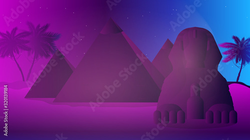 Futuristic neon Egypt. Cheops pyramids, Egyptian sphinx, desert. Vector illustration.