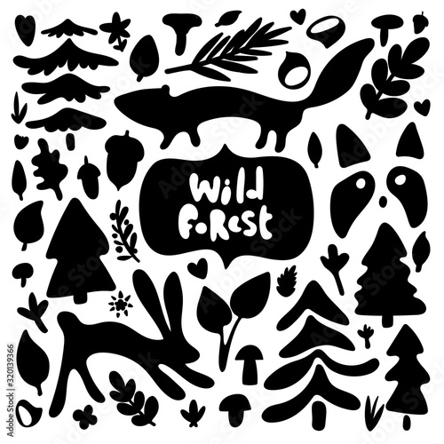 Wild forest set constructor of cartoon black silhouettes isolated on white. Raccoon, mink and hare hid in the forest. Black and white square greeting card. For cards, t-shirt printing and your design