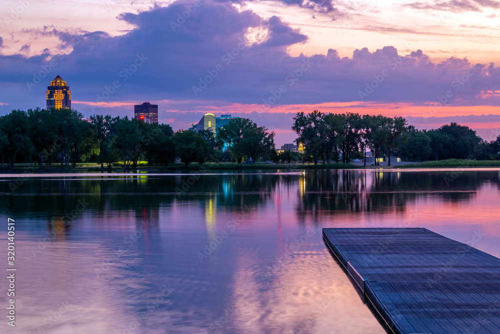 Des Moines Skyline Reflecting in Grayslake at Sunrise