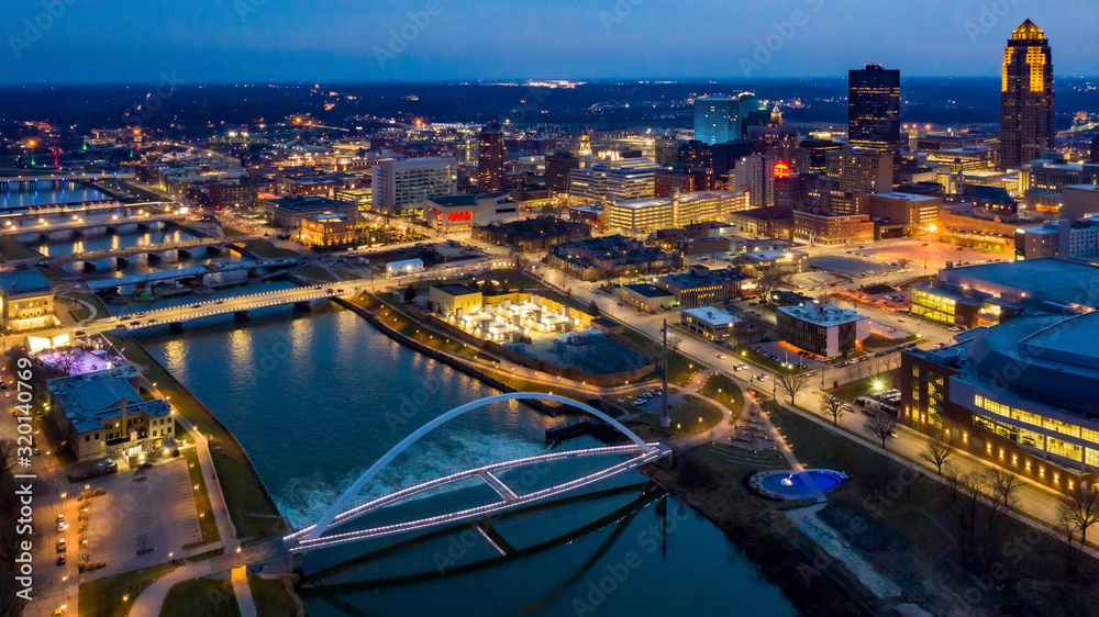Aerial View of the Des Moines River and Skyline at Night Aerial View of the Des Moines River and Skyline at Night