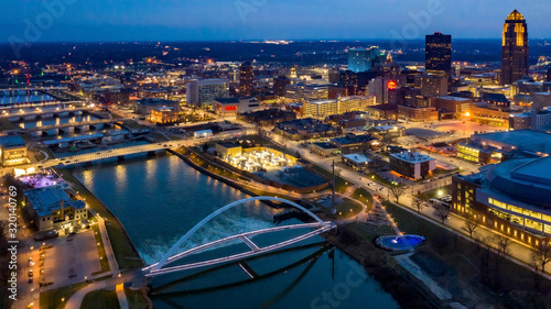 Aerial View of the Des Moines River and Skyline at Night