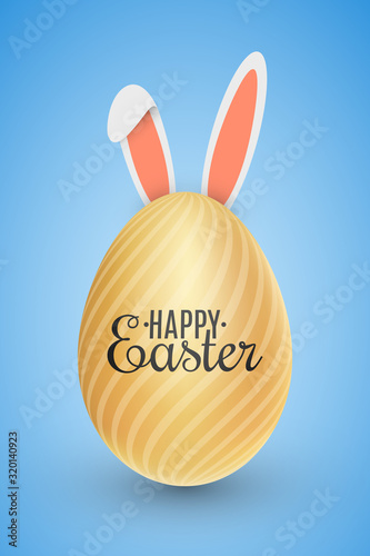 Easter golden egg with a pattern and rabbit ears on a blue background. Holiday lettering. Vector illustration