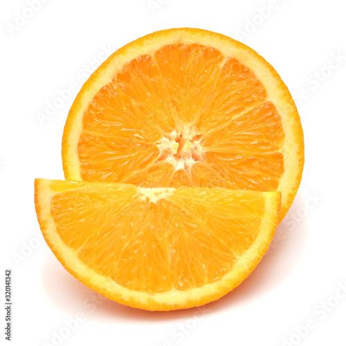 Slice and half orange fruit isolated on white background. Perfectly retouched, full depth of field on the photo. Creative healthy food concept. Nature, juice. Flat lay, top view