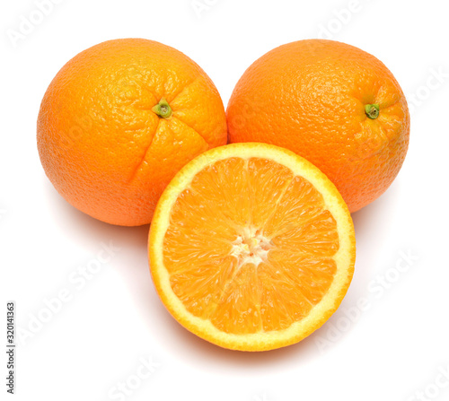 Orange fruit whole and slice isolated on white background. Perfectly retouched, full depth of field on the photo. Creative healthy food concept. Nature, juice. Flat lay, top view