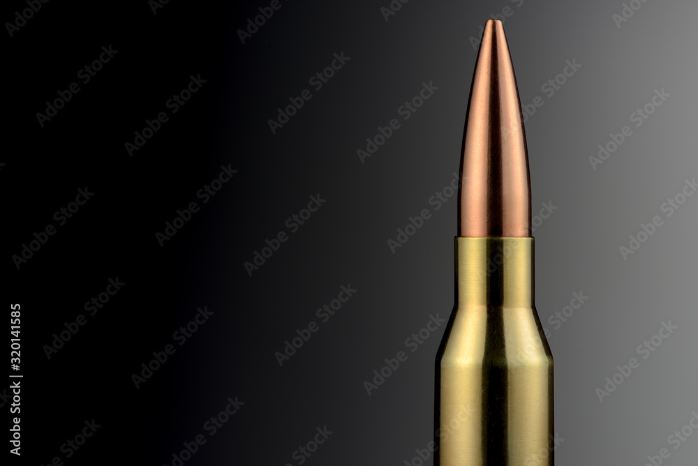 A 338 Lapua Magnum rifle cartridge in front of a gray gradient as a close-up. Brass and copper stand against the background like a monumental building A 338 Lapua Magnum rifle cartridge in front of a gray gradient as a close-up. Brass and copper stand against the background like a monumental building