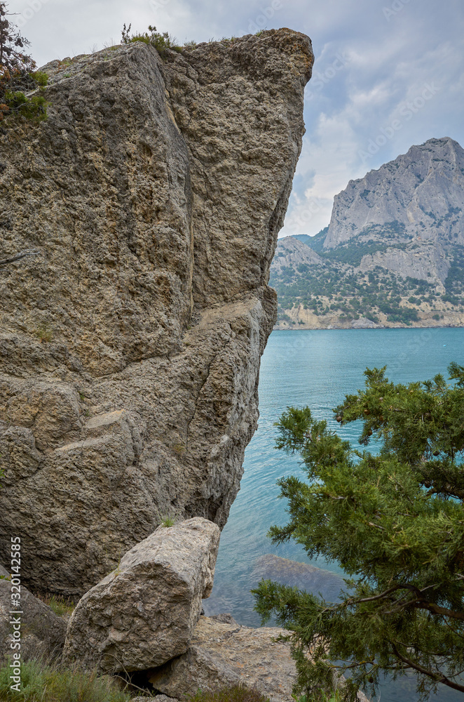 Debris, beautiful bay with mountain views. Black Sea, the village of New World, Crimea