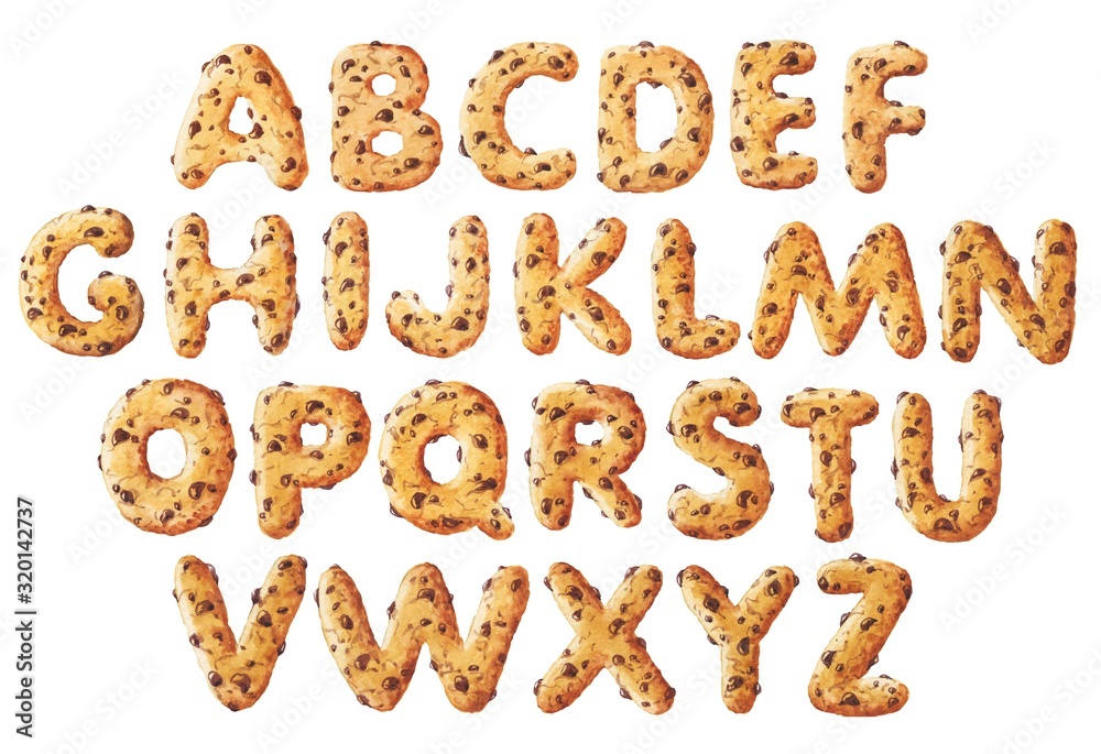 Hand drawn watercolor cookie alphabet isolated on white background. Hand drawn watercolor cookie alphabet isolated on white background.