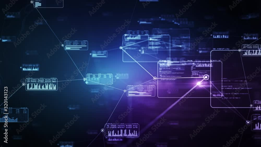 Network connections in data center. Software source code and big data linked in virtual space. Perfect to use as a technology or futuristic background. Seamless loop. Alpha channel. CG animation. 4K