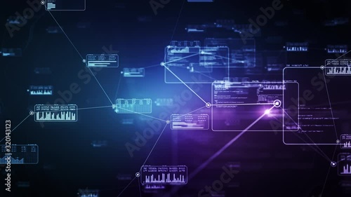Network connections in data center. Software source code and big data linked in virtual space. Perfect to use as a technology or futuristic background. Seamless loop. Alpha channel. CG animation. 4K
