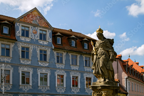 BAMBERG. GERMANY. On september 14 2019. Statue of St. Kunigunde at the bridge to the Old Townhall at the Regnitz river. built 1750 from Johann Peter Benkert. Bamberg, Germany.