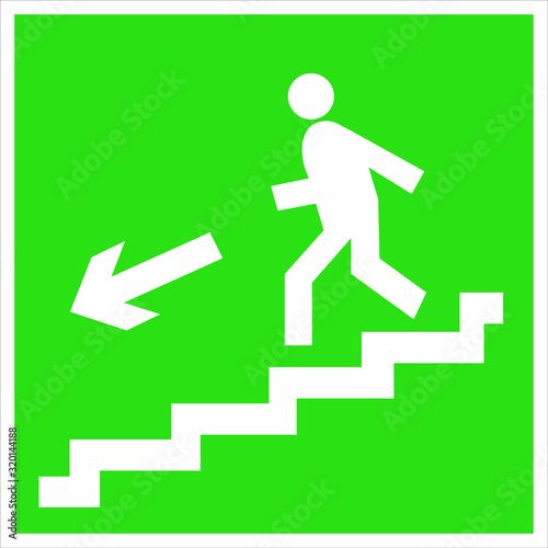 fire safety sign, direction to the emergency exit on the stairs left-side down. Vector illustration