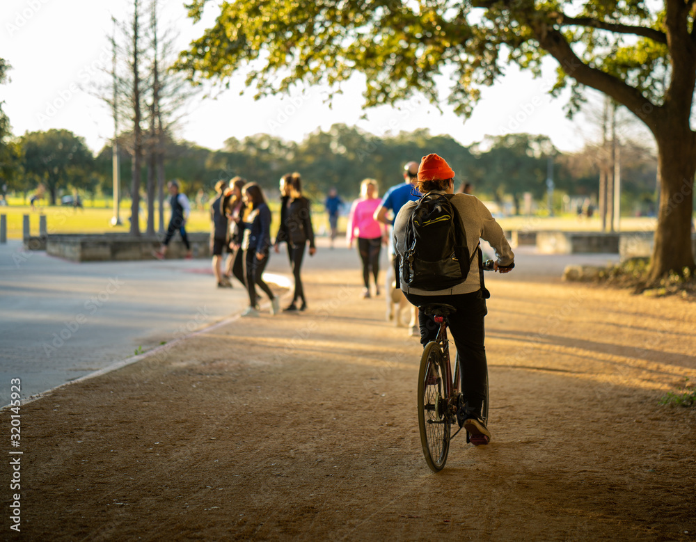 Obraz premium A man rides his bicycle through a park at sunset