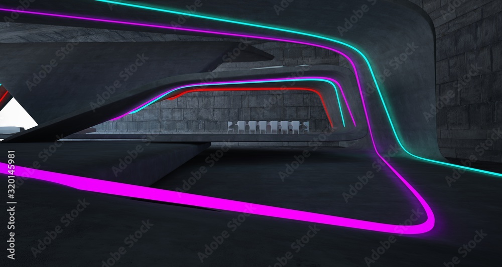 Abstract architectural concrete interior of a minimalist house with colored neon lighting. 3D illustration and rendering.