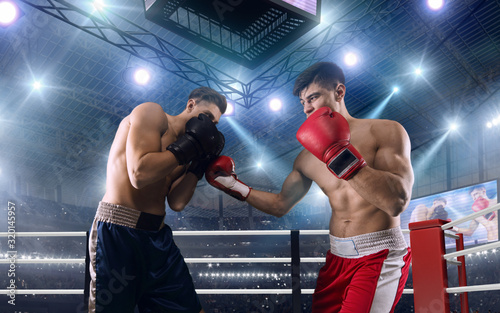 Two boxers are fighting on professional boxing ring. © VIAR PRO studio