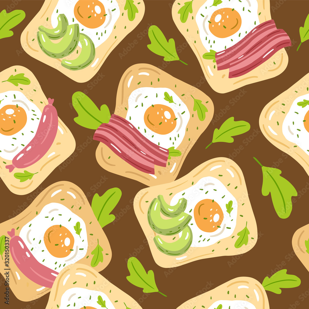 Vector seamless pattern of tasty breakfast toasts. Toasts with fried eggs and avocado slices, sausage, bacon strips. Сartoon style illustration. Vector seamless pattern of tasty breakfast toasts. Toasts with fried eggs and avocado slices, sausage, bacon strips. Сartoon style illustration.