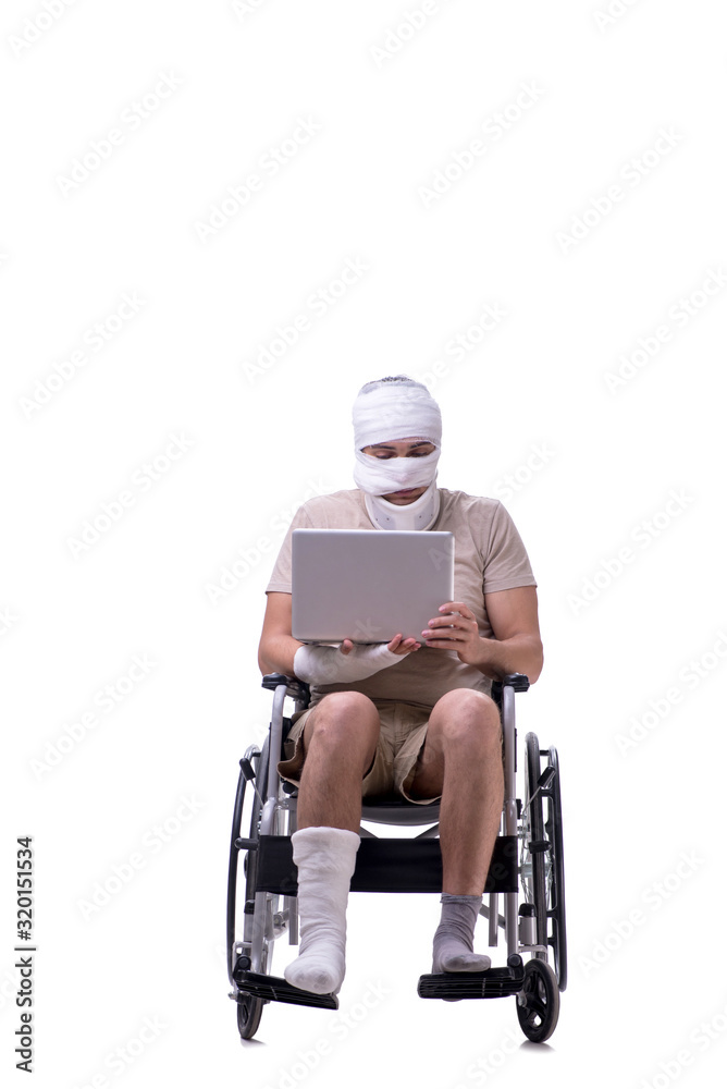 Injured man in wheel-chair isolated on white Injured man in wheel-chair isolated on white