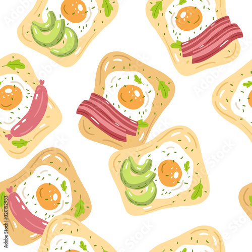 Vector seamless pattern of tasty breakfast toasts. Toasts with fried eggs and avocado slices  sausage  bacon strips.   artoon style illustration. 