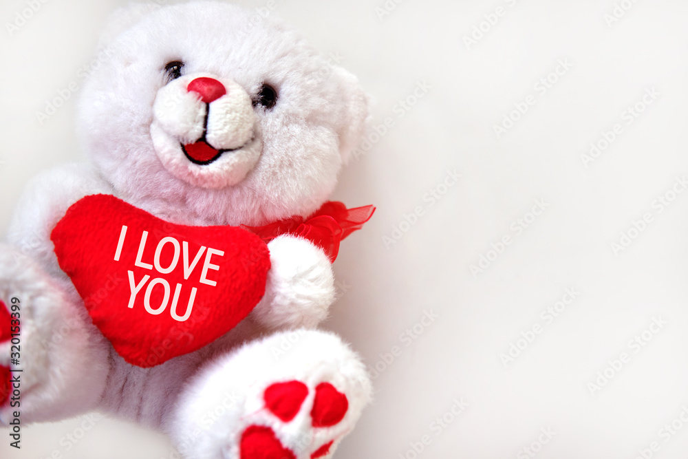 I love you - text on the red heart of a white toy bear I love you - text on the red heart of a white toy bear