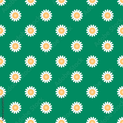 Floral camomile seamless pattern, on a green background. Repeat daisy. Realistic flower pattern. Floral summer prints. Summer floral prints. Flat vector illustration.