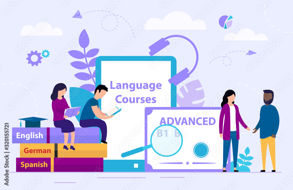 Language Courses Concept. Tiny People Are Learning Foreign languages online in a group. Webinar on learning foreign languages. Cartoon Flat Style. Vector illustration
