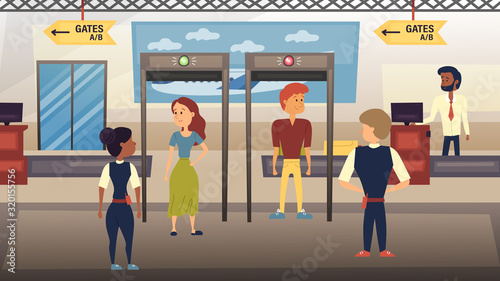 Airport Security Check Concept. People Are Going Through the Security Checkpoint and Checking by Airport Security Staff. Flat Style. Vector Illustration