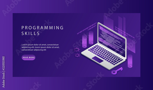 Isometric Landing Page Template of Web Development, Programming And Coding Skills for Website. WEB Banner Illustration Professional Engineering for Website, PHP, HTML, C , CSS, Js.Vector Illustration