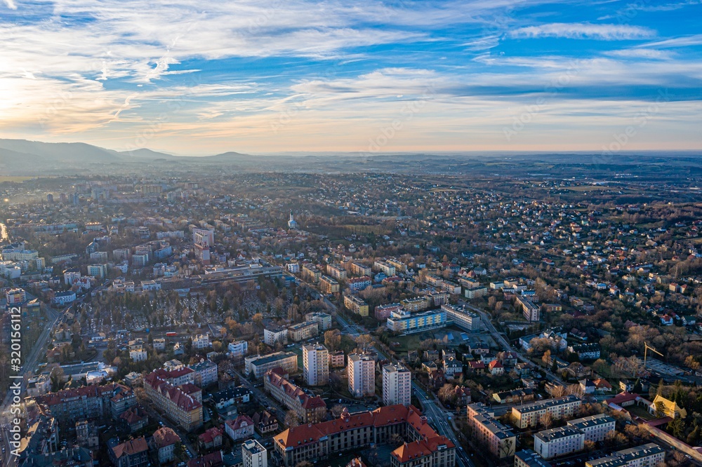 Aerial drone view on Bielsko-Biala. Bielsko-Biala is a city in southern Poland.