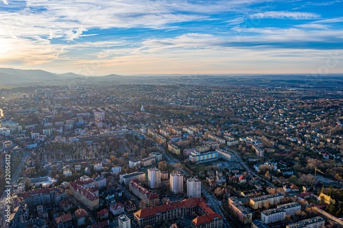 Aerial drone view on Bielsko-Biala. Bielsko-Biala is a city in southern Poland.