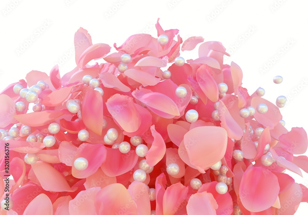 Background texture of beautiful delicate vibrant pink rose petals and white shiny pearls in random pile. Explosion of fresh rose petals and pearls