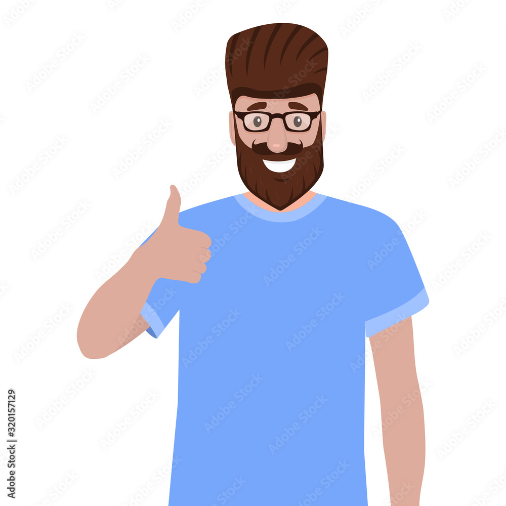 Man with a beard shows a thumb up like sign. Cartoon vector illustration, flat design Man with a beard shows a thumb up like sign. Cartoon vector illustration, flat design
