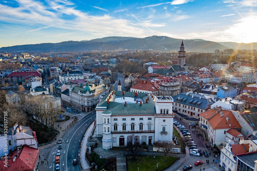 Aerial drone view on Bielsko-Biala. Bielsko-Biala is a city in southern Poland.